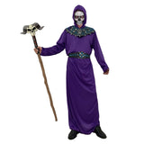 Mens Skeleton Villain Costume with purple hooded robe, decorative skeleton collar and belt