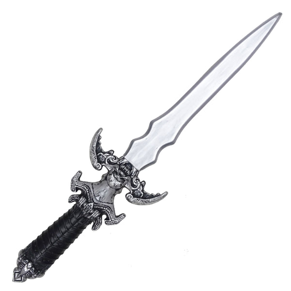Silver 62cm skeleton villain costume dagger with ornate skull guard and black handle