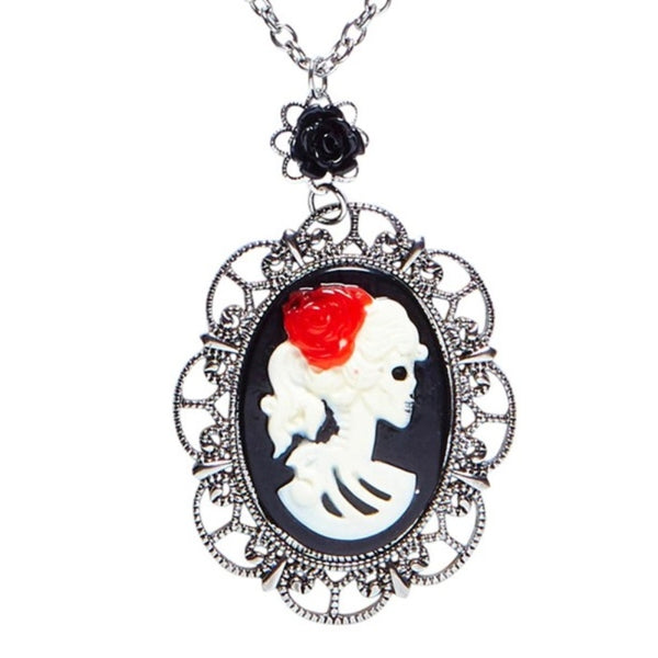 Skull Cameo Pendant with Red Rose and Black Rose Detail – Close-Up