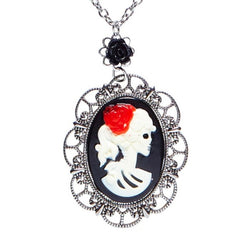 Skull Cameo Pendant with Red Rose and Black Rose Detail – Close-Up