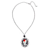 Skull Cameo Necklace with Black Rose and Silver-Look Chain – Full View