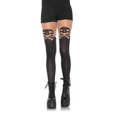 Skull & Crossbone Tights, black tights, sheer upper and skull and crossbones design on upper thigh.