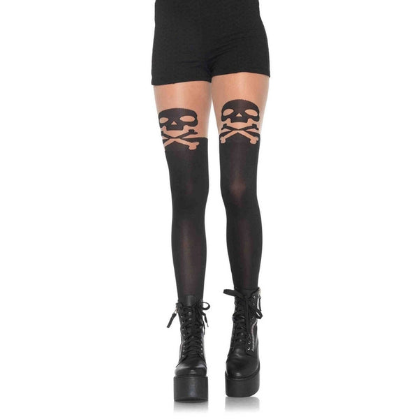 Skull & Crossbone Tights, black tights, sheer upper and skull and crossbones design on upper thigh.