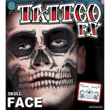 Skull full face temporary tattoo by Tinsley Transfers. Realistic Halloween skeleton face tattoo design.