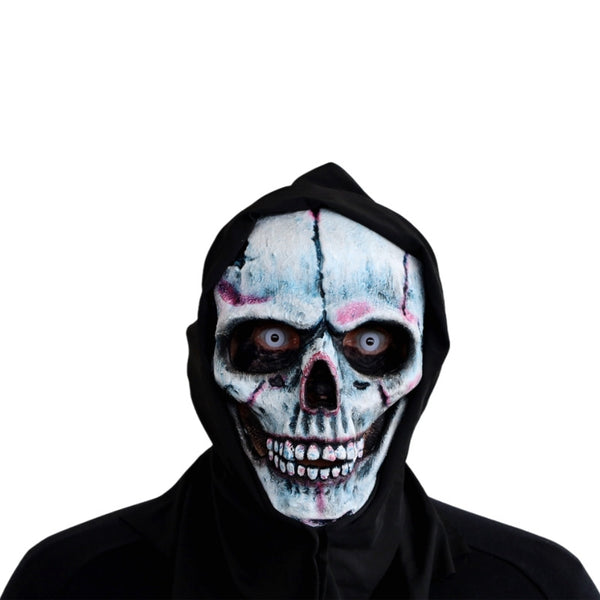 White grey skull hooded Halloween mask with hollow nose detail