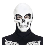 Person wearing a white skull mask with black accents on a white background
