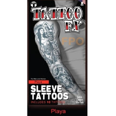 Sleeve Tattoo - Playa - Tinsley FX Temporary Tattoo, 3 large tattoos of lady, clown face, bull dog, skull and flames.