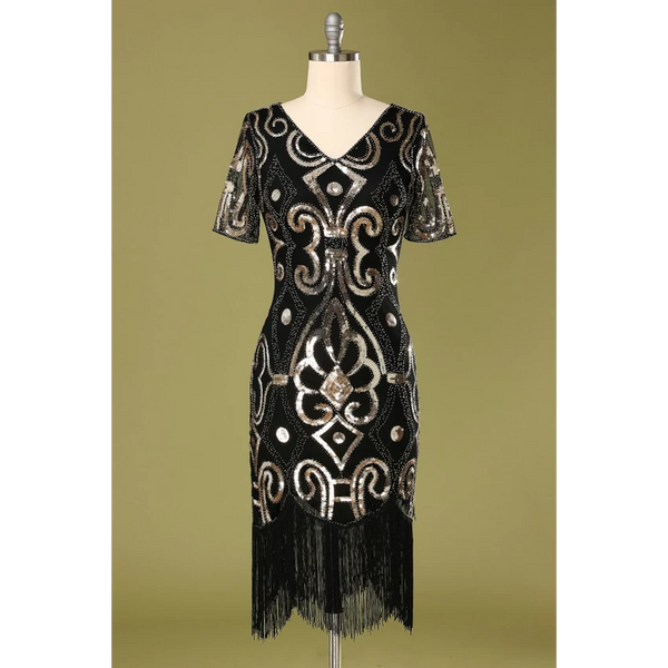 1920s Beaded Flapper Dress with Sleeves - Gold- Hire