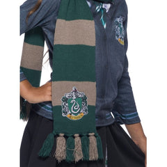Green and silver Slytherin scarf with embroidered crest and tassels from Harry Potter