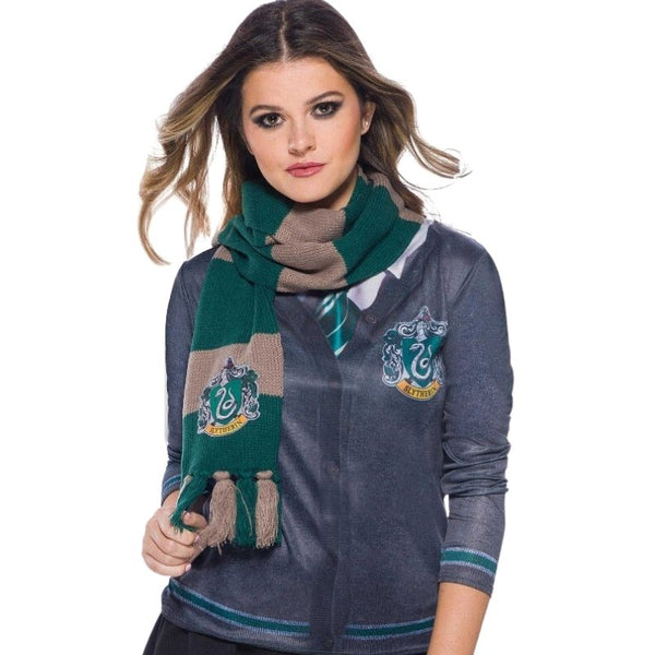 Green and silver Slytherin scarf with embroidered crest and tassels from Harry Potter