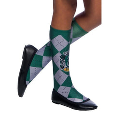 Green and silver Slytherin knee-high socks with printed house emblem, officially licensed Harry Potter product