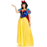 A woman modeling a Snow White costume against a plain white background. The costume features a bright yellow skirt, a royal blue bodice with gold trim, red cape details, and blue puffed sleeves with red accents, along with a red bow headpiece.