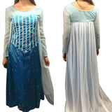 Snow Queen costume hire Brisbane showing front bodice detail and full-length sheer cape at back