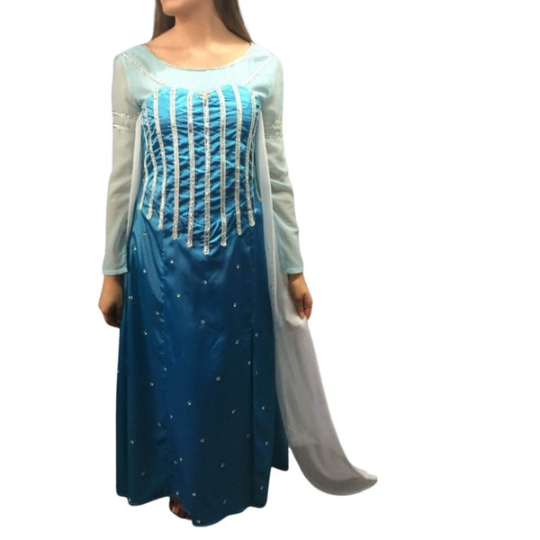 Snow Queen costume hire Brisbane with blue satin gown and sheer cape