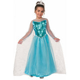 Girl wearing a Snow Queen princess costume with blue dress and glitter snowflake cape for Book Week or fairy tale dress-up.