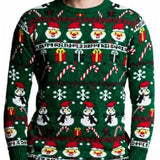 Close-up of snowman Christmas jumper featuring festive Fair Isle knit pattern