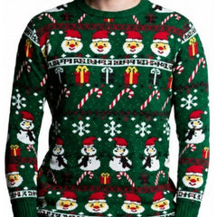 Adult Snowman Christmas jumper with festive Fair Isle knit design worn by model