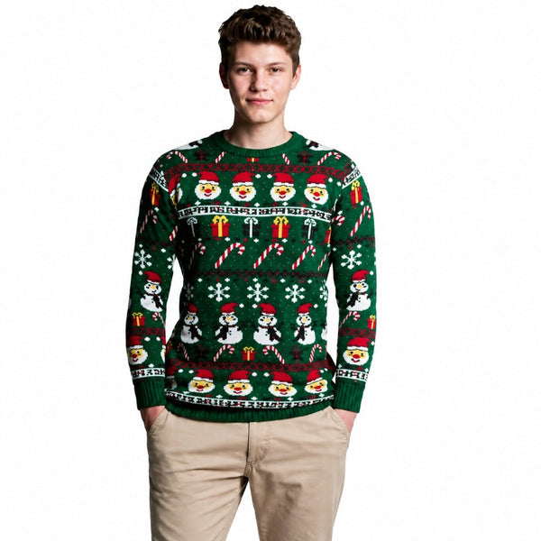 Adult Snowman Christmas jumper with festive Fair Isle knit design worn by model