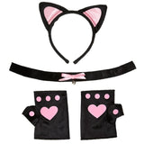 Soft pink cat accessory set with cat ears, bell choker and paw gloves for Halloween costume parties