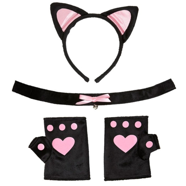 Soft pink cat accessory set with cat ears, bell choker and paw gloves for Halloween costume parties