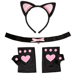 Soft pink cat accessory set with cat ears, bell choker and paw gloves for Halloween costume parties