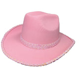 soft pink festival hat with sequin trim band and outer rim.