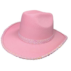 soft pink festival hat with sequin trim band and outer rim.