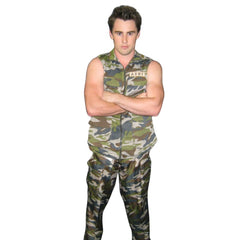 Soldier - Hire, mens camoflage print vest and pants with choice of helmet or cap.