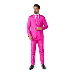 Solid pink suit costume worn as men’s fancy dress