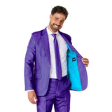 Solid purple suit coat with blue lining