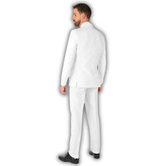 Solid white suit includes lined jacket, pants and tie.