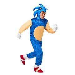 Adult Sonic the Hedgehog costume with blue jumpsuit, 3D headpiece, gloves, and shoe covers for cosplay or Halloween