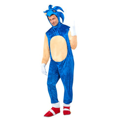 Adult Sonic the Hedgehog costume with blue jumpsuit, 3D headpiece, gloves, and shoe covers for cosplay or Halloween