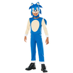 Child wearing an officially licensed Sonic the Hedgehog costume with blue jumpsuit and character headpiece