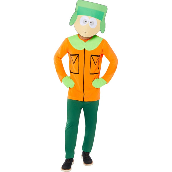 South park kyle mens costume, fleece jumpsuit, attached mittens and mask.