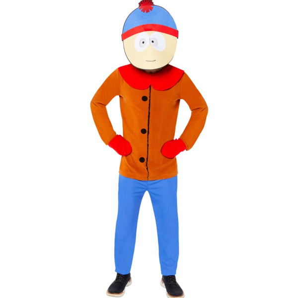 south park stan  mens costume, fleece jumpsuit attached mittens and mask.