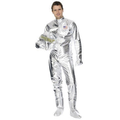 Adult Spaceman costume with silver jumpsuit, hood, gloves, and boot covers