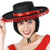 Black Spanish costume hat with red pom pom trim and ribbon band for matador and international costumes