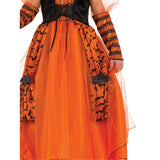 Sparkle Witch Costume-Child, orange skirt with bat fabric trim, corset style bodice over dress.