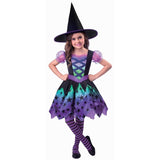 Spell Casting Cutie Child Witch Costume, cute knee length dres with uneven hemline, black stars in a variety of sizes on hemline, puffy organza sleeves, colours of black, green and purple. Plus black with hat with purple trim.