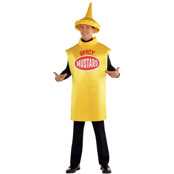 spicy mustard bottle costume in yellow with tunic and hat.