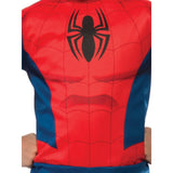 A close-up of a red and blue Spider-Man style costume top with a black spider emblem on the chest, worn by a person whose hands are visible at the sides.