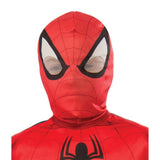 A red Spider-Man style full-head mask and upper costume with black web lines, large white eye cutouts, and a black spider emblem on the chest, shown against a plain white background.