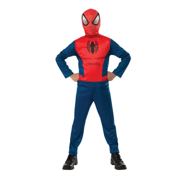 Child wearing an officially licensed Spider-Man classic costume with jumpsuit and mask for Book Week and superhero dress-up