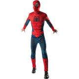 Adult wearing an officially licensed Spider-Man costume with printed red and blue jumpsuit and matching hood.
