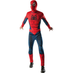 Adult wearing an officially licensed Spider-Man costume with printed red and blue jumpsuit and matching hood.