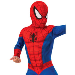 Child wearing an officially licensed Spider-Man costume with jumpsuit and mask for Book Week and superhero dress-up