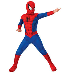 Child wearing an officially licensed Spider-Man costume with jumpsuit and mask for Book Week and superhero dress-up
