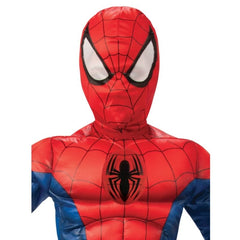 Child wearing an officially licensed Spider-Man deluxe lenticular costume with padded muscles for Book Week and superhero dress-up