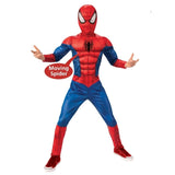Child wearing an officially licensed Spider-Man deluxe lenticular costume with padded muscles for Book Week and superhero dress-up